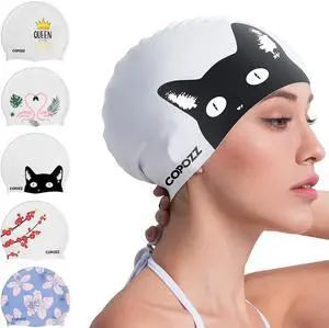 Womens Swim Cap for All Hair - Large, Comfortable Silicone Swimming Cap, Waterproof Design for Long, Short, Thick & Curly Hair | Secure & Comfortable Fit (Black Cat-12yrs+) Womens Swim Cap for All Hair - Large, Comfortable Silicone Swimming Cap, Waterproof Design for Long, Short, Thick & Curly Hair | Secure & Comfortable Fit (Black Cat-12yrs+)