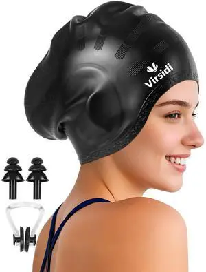 Swim Cap for Long Hair, Silicone Swimming Cap for Adult Women Men with 3D Ear Protection, Waterproof Large Swim Hats Bathing Caps to Keep Hair Dry with Ear Plugs Nose Clip (Black) Swim Cap for Long Hair, Silicone Swimming Cap for Adult Women Men with 3D Ear Protection, Waterproof Large Swim Hats Bathing Caps to Keep Hair Dry with Ear Plugs Nose Clip (Black)