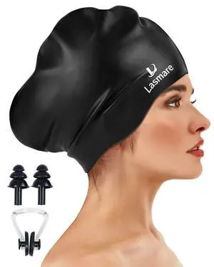Long Hair Swim Cap with Extra Room for Women Men, Silicone Swimming Cap for Long Thick Hair with Ear Plugs Nose Clip Set, Adult Waterproof Swim Hats Bathing Caps to Keep Hair Dry(Black) Long Hair Swim Cap with Extra Room for Women Men, Silicone Swimming Cap for Long Thick Hair with Ear Plugs Nose Clip Set, Adult Waterproof Swim Hats Bathing Caps to Keep Hair Dry(Black)