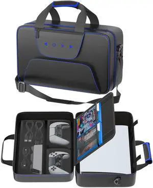 Carrying Case Compatible with PS5/Slim/Pro Disc & Digital, P S5 Travel Case for Play 5 Controllers, PS Portal, Game Discs, PS 5 Protective Travel Bag Play 5 Carry with Zipper Pocket, Black and Blue Carrying Case Compatible with PS5/Slim/Pro Disc & Digital, P S5 Travel Case for Play 5 Controllers, PS Portal, Game Discs, PS 5 Protective Travel Bag Play 5 Carry with Zipper Pocket, Black and Blue