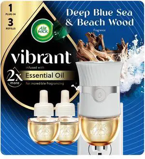 Vibrant Plug In Scented Oil Warmer + Refills, Infused with Essential Oils, Plug In Air Fresheners for Home, Deep Blue Sea & Beach Wood, Gadget + 3 ct Vibrant Plug In Scented Oil Warmer + Refills, Infused with Essential Oils, Plug In Air Fresheners for Home, Deep Blue Sea & Beach Wood, Gadget + 3 ct