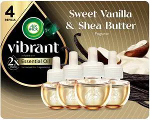 Vibrant Plug-In Scented Oil Refills, 4 Count, Sweet Vanilla & Shea Butter, Air Freshener, Essential Oils Vibrant Plug-In Scented Oil Refills, 4 Count, Sweet Vanilla & Shea Butter, Air Freshener, Essential Oils