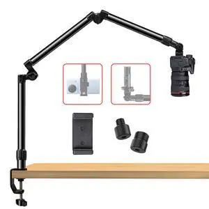 Overhead Camera Mount Desk Stand, Bearing 18lb, Base& Top 360° Adjustable, with 1/4 3/8" 5/8" Screw, 3-Section Flexible Articulating Metal Arm for DSLR Camera/Webcam Overhead Camera Mount Desk Stand, Bearing 18lb, Base& Top 360° Adjustable, with 1/4 3/8" 5/8" Screw, 3-Section Flexible Articulating Metal Arm for DSLR Camera/Webcam
