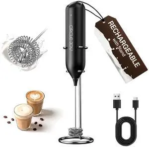 Rechargeable Milk Frother Handheld with Stand, Dual Spring Whisk Head Electric Coffee Frother Foam Maker, Portable Drink Mixer for Cappuccino, Latte, Matcha, Black Rechargeable Milk Frother Handheld with Stand, Dual Spring Whisk Head Electric Coffee Frother Foam Maker, Portable Drink Mixer for Cappuccino, Latte, Matcha, Black
