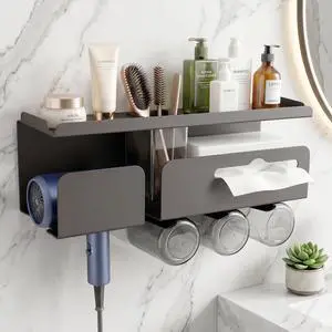 Hair Dryer Holder Wall Mount Metal,Adhesive/Drilling Bathroom Organizer with Shelf,Tissue Box&3 Free Cups,Rustproof Rack for Hair Styling Tools&Toothbrush,Grey Hair Dryer Holder Wall Mount Metal,Adhesive/Drilling Bathroom Organizer with Shelf,Tissue Box&3 Free Cups,Rustproof Rack for Hair Styling Tools&Toothbrush,Grey