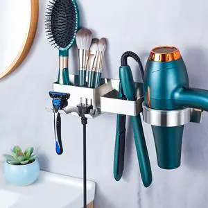 Blow Dryer Holder Wall Mounted, Hair Dryer and Straightener Holder, Silver Blow Dryer Holder Wall Mounted, Hair Dryer and Straightener Holder, Silver