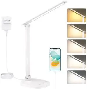 Desk Lamp with Charger, 10%-100% Stepless Dimmable & 5 Color Modes Study Lamp, Touch Control, 30-/60-minute Timer, USB Charging Output Port, CRI90, Eye-Caring Foldable LED Desk Lamps for Home Office Desk Lamp with Charger, 10%-100% Stepless Dimmable & 5 Color Modes Study Lamp, Touch Control, 30-/60-minute Timer, USB Charging Output Port, CRI90, Eye-Caring Foldable LED Desk Lamps for Home Office