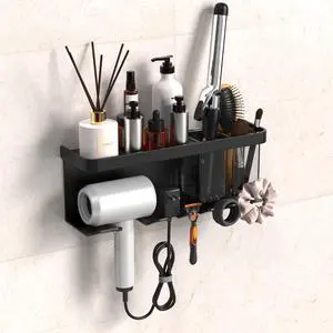 Hair Dryer Holder Wall Mounted Adhesive/Drilling, Hair Dryer Storage Organizer with Shelf & Hooks for Bathroom, Blow Dryer Holder, Hair Tool Organizer (Black) Hair Dryer Holder Wall Mounted Adhesive/Drilling, Hair Dryer Storage Organizer with Shelf & Hooks for Bathroom, Blow Dryer Holder, Hair Tool Organizer (Black)