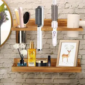 Hair Tool Organizer Wall Mount 2 Layer Wooden Blow Dryer Holder Hair Tool Organizer Wall Mount 2 Layer Wooden Blow Dryer Holder