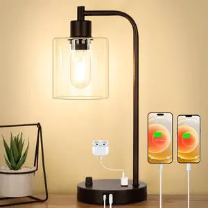 Industrial Table Lamp with USB A+C Ports and Outlet, Fully Stepless Dimmable Modern Nightstand Lamp, Glass Shade Bedside Desk Lamp for Bedroom Living Room Office, 8W 2700K LED Edison Bulb Included. Industrial Table Lamp with USB A+C Ports and Outlet, Fully Stepless Dimmable Modern Nightstand Lamp, Glass Shade Bedside Desk Lamp for Bedroom Living Room Office, 8W 2700K LED Edison Bulb Included.