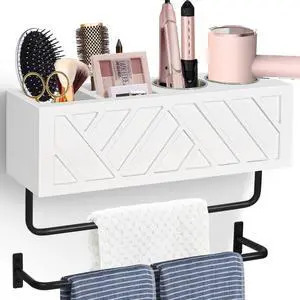 Hair Tool Organizer Wall Mount, Hair Dryer Holder with 2 Towel Bars, Wood Hot Tools Organizer, Rustic Bathroom Organizer Blow Dryer Holder for Bathroom Decor, Flat Iron, Curling Wand, Brushes(White) Hair Tool Organizer Wall Mount, Hair Dryer Holder with 2 Towel Bars, Wood Hot Tools Organizer, Rustic Bathroom Organizer Blow Dryer Holder for Bathroom Decor, Flat Iron, Curling Wand, Brushes(White)