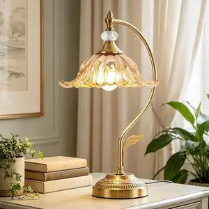 Vintage Floral Table Lamp, Plug in Mid-Century Modern Desk Lamp with Amber Glass Shade, Gold Bedside Table Lamp Dimmable for Bedroom Living Room Home Office, E26 Base, UL Listed Vintage Floral Table Lamp, Plug in Mid-Century Modern Desk Lamp with Amber Glass Shade, Gold Bedside Table Lamp Dimmable for Bedroom Living Room Home Office, E26 Base, UL Listed
