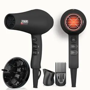 Hair Dryer, 1875W, 3 Heat & 2 Speed, with Diffuser, with Concentrator, Ionic Technology & Infrared - Black, Detachable Air Intake, Hanging Strap, Non-Foldable, 125V, JR-104 Hair Dryer, 1875W, 3 Heat & 2 Speed, with Diffuser, with Concentrator, Ionic Technology & Infrared - Black, Detachable Air Intake, Hanging Strap, Non-Foldable, 125V, JR-104