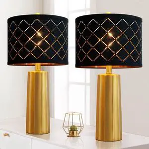Set of 2 Modern Table Lamps for Living Room Bedroom, Gold Nightstand Resin Lamps with Black Grid Shade, Contemporary Desk Lamps for Bedside End Tables, 2 Bulbs Included (Gold) Set of 2 Modern Table Lamps for Living Room Bedroom, Gold Nightstand Resin Lamps with Black Grid Shade, Contemporary Desk Lamps for Bedside End Tables, 2 Bulbs Included (Gold)