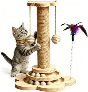 Cat Scratching Post for Kittens, 4 in 1 Wooden Cat Scratcher Toy, 17.7" Tall Scratch Post with 2 Level Cat Track Balls, Interactive Feather Toy and 2 Sisal Hanging Balls for Indoor Kittens Cat Scratching Post for Kittens, 4 in 1 Wooden Cat Scratcher Toy, 17.7" Tall Scratch Post with 2 Level Cat Track Balls, Interactive Feather Toy and 2 Sisal Hanging Balls for Indoor Kittens