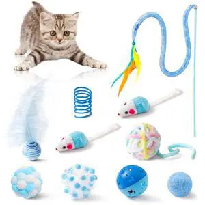 Cat Toy Set Interactive Cat Toys 10Pcs Pack Including Cat Springs Feather Teaser Wand Mice Crinkle Balls and Pet Bell Balls, Puzzle Interactive Pet Gift Pack Toys for Indoor Kitten (Blue) Cat Toy Set Interactive Cat Toys 10Pcs Pack Including Cat Springs Feather Teaser Wand Mice Crinkle Balls and Pet Bell Balls, Puzzle Interactive Pet Gift Pack Toys for Indoor Kitten (Blue)