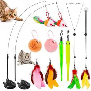 Cat Toys, 2 Pack 3 in 1 Interactive Cat Toy for Indoor Cats with Sticky Super Suction Cup Detachable 10 Pcs Replacements Feathers Balls Mice 2 Wand Hanging Door Kitten Toys Cat Toys, 2 Pack 3 in 1 Interactive Cat Toy for Indoor Cats with Sticky Super Suction Cup Detachable 10 Pcs Replacements Feathers Balls Mice 2 Wand Hanging Door Kitten Toys