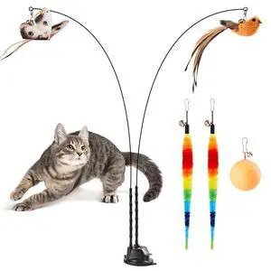 Suction Cup Cat Wand Toys, Dual-Wand Interactive Kitten Toy Suction Cup Cat Wand Toys, Dual-Wand Interactive Kitten Toy