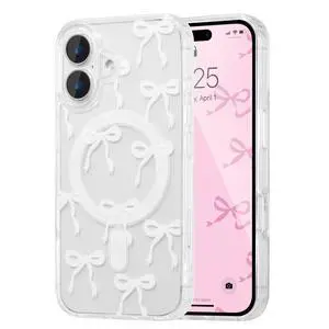 Magnetic for iPhone 17 Case, Bow Case Compatible with MagSafe, Wireless Slim Clear Ribbon Aesthetic Phone Cover Anti-Yellowing Shockproof Protective Cover for Women Girl - White Magnetic for iPhone 17 Case, Bow Case Compatible with MagSafe, Wireless Slim Clear Ribbon Aesthetic Phone Cover Anti-Yellowing Shockproof Protective Cover for Women Girl - White