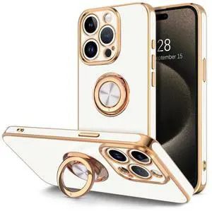 for iPhone 15 Pro Case with Ring Stand, 360° Rotatable Ring Holder Magnetic Kickstand, Plating Rose Gold Edge Soft Cover Luxury Protective Phone Case for iPhone 15 Pro 6.1", White for iPhone 15 Pro Case with Ring Stand, 360° Rotatable Ring Holder Magnetic Kickstand, Plating Rose Gold Edge Soft Cover Luxury Protective Phone Case for iPhone 15 Pro 6.1", White
