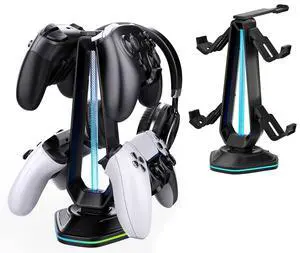 RGB Headset Stand with 9 Light Modes and 2 USB Charging Ports - Controller Holder for Desk - Headphone Stand & Detachable Controller Hook for PC Earphone Gaming Room Setup Accessories RGB Headset Stand with 9 Light Modes and 2 USB Charging Ports - Controller Holder for Desk - Headphone Stand & Detachable Controller Hook for PC Earphone Gaming Room Setup Accessories