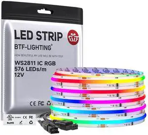 RGB WS2811 Smart IC FCOB COB LED Strip, UL Listed 576LEDs/m High Density Color Chasing Uniform Light, DC12V 16.4FT 10mm Width Tape Light for Home Party DIY Decor(No Adapter or Controller) RGB WS2811 Smart IC FCOB COB LED Strip, UL Listed 576LEDs/m High Density Color Chasing Uniform Light, DC12V 16.4FT 10mm Width Tape Light for Home Party DIY Decor(No Adapter or Controller)