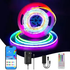 RGB Smart IC COB LED Strip Light 18ft Addressable Chasing Color 12V LED Light Strip Multicolored Flexible RGB Lights Kit with Music Mode for Party, Decoration, Home DIY Lighting Projects RGB Smart IC COB LED Strip Light 18ft Addressable Chasing Color 12V LED Light Strip Multicolored Flexible RGB Lights Kit with Music Mode for Party, Decoration, Home DIY Lighting Projects