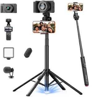 SK32 Selfie Stick w Remote, 71''Auto Open & Lift-Close Phone Tripod | 4-Leg Support, Teleprompter & Phone Holder in One for Phone&Camera, 360° Aluminum Alloy Travel Tripod for Vlogging, Live SK32 Selfie Stick w Remote, 71''Auto Open & Lift-Close Phone Tripod | 4-Leg Support, Teleprompter & Phone Holder in One for Phone&Camera, 360° Aluminum Alloy Travel Tripod for Vlogging, Live