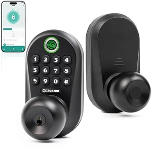 350K 5-in-1 Smart Fingerprint Door Knob with Keypad, Black | Keyless entry with app control, 100 passcodes, auto-lock, privacy and passage modes; easy install for front door or bedroom 350K 5-in-1 Smart Fingerprint Door Knob with Keypad, Black | Keyless entry with app control, 100 passcodes, auto-lock, privacy and passage modes; easy install for front door or bedroom
