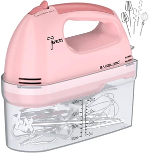 Hand Mixer. 7-Speed Adjustable Kitchen Electric Mixer. With 5 Stainless Steel Attachments: 2 Hooks, 2 Beaters, 1 Whisk. Comes 1 Storage Box. Perfect for Bakers and New Starters. Pink Hand Mixer. 7-Speed Adjustable Kitchen Electric Mixer. With 5 Stainless Steel Attachments: 2 Hooks, 2 Beaters, 1 Whisk. Comes 1 Storage Box. Perfect for Bakers and New Starters. Pink