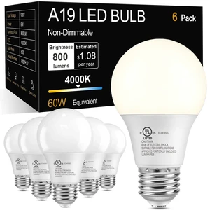 A19 LED Light Bulbs, 4000K Cool Neutral White,60W Eq,E26 Standard Base | 9W Energy Saving 85% Efficient, 800LM, Medium Base Lightbulbs for Home Indoor Lamps, CRI 88+, UL, 120V, Non-Dimmable, 6 Pack A19 LED Light Bulbs, 4000K Cool Neutral White,60W Eq,E26 Standard Base | 9W Energy Saving 85% Efficient, 800LM, Medium Base Lightbulbs for Home Indoor Lamps, CRI 88+, UL, 120V, Non-Dimmable, 6 Pack