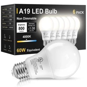 6 Pack LED Light Bulbs 60 Watt Equivalent, Natural White 4000K A19 | Efficient 9W, E26 Standard Base, 800 LM Energy Saving Lightbulbs for Home Bedroom Living Room Office, Non-Dimmable, UL Listed 6 Pack LED Light Bulbs 60 Watt Equivalent, Natural White 4000K A19 | Efficient 9W, E26 Standard Base, 800 LM Energy Saving Lightbulbs for Home Bedroom Living Room Office, Non-Dimmable, UL Listed