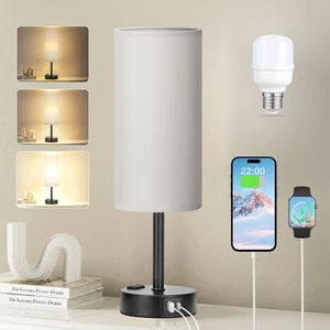 Grey Bedside Lamp for Bedroom, Dimmable Touch, USB A+C, AC Outlet | 3-Way Dimmable, LED Bulb Included, USB C+A Charging Ports, Grey Fabric Lampshade, Metal Base, 14" Small Table Lamp Grey Bedside Lamp for Bedroom, Dimmable Touch, USB A+C, AC Outlet | 3-Way Dimmable, LED Bulb Included, USB C+A Charging Ports, Grey Fabric Lampshade, Metal Base, 14" Small Table Lamp