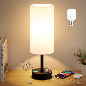 Bedside Table Lamp for Bedroom - 3-Way Dimmable Touch Lamp, USB A+C | LED Bulb Included, 14" Small Nightstand Lamp for Desk, Living Room, Guest Room, White Fabric Lampshade, Black Metal Base Bedside Table Lamp for Bedroom - 3-Way Dimmable Touch Lamp, USB A+C | LED Bulb Included, 14" Small Nightstand Lamp for Desk, Living Room, Guest Room, White Fabric Lampshade, Black Metal Base