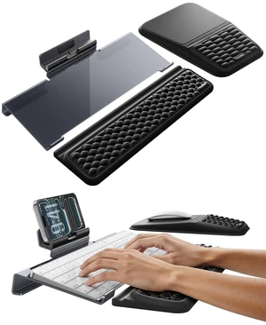 Keyboard Stand and Mouse Pad Set with Wrist Rests, Phone Holder | Clear Acrylic Tilted Keyboard Riser with Phone Stand, Ergonomic Keyboard Wrist Support, Memory Foam Mouse Pad with Wrist Rest Keyboard Stand and Mouse Pad Set with Wrist Rests, Phone Holder | Clear Acrylic Tilted Keyboard Riser with Phone Stand, Ergonomic Keyboard Wrist Support, Memory Foam Mouse Pad with Wrist Rest