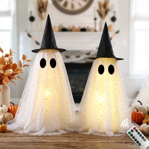 Halloween Ghost Decorations,Spooky Ghost Crafts for Halloween Decor Indoor | Set of 2, LED Lights & Remote Control, Timer Function, With Witch Hat, DIY, Lighted Holiday Displays Halloween Ghost Decorations,Spooky Ghost Crafts for Halloween Decor Indoor | Set of 2, LED Lights & Remote Control, Timer Function, With Witch Hat, DIY, Lighted Holiday Displays