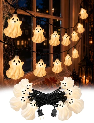 8.5FT Halloween White Ghost String Lights, Plug-in 10 LED Decor | Warm White, Fairy Ghost Lights, Connectable, Energy Saving, IP44 Rated, UL Listed Black Wire for Porch Window Yard Bedroom 8.5FT Halloween White Ghost String Lights, Plug-in 10 LED Decor | Warm White, Fairy Ghost Lights, Connectable, Energy Saving, IP44 Rated, UL Listed Black Wire for Porch Window Yard Bedroom