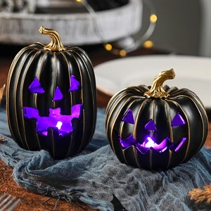Light Up Black Jack O Lantern Pumpkins for Indoor Halloween Decor | 2Pcs Resin Halloween Pumpkins with Gold Lines, Small LED Pumpkins with Purple Light for Spooky Table Decor (Battery Operated) Light Up Black Jack O Lantern Pumpkins for Indoor Halloween Decor | 2Pcs Resin Halloween Pumpkins with Gold Lines, Small LED Pumpkins with Purple Light for Spooky Table Decor (Battery Operated)