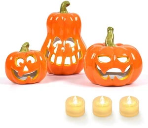 Ceramic Pumpkin with 3 Tea Lights, Jack O Lantern Candle Holder Set of 3, Tabletop Indoor Halloween Decorations for Holiday Party Home Ceramic Pumpkin with 3 Tea Lights, Jack O Lantern Candle Holder Set of 3, Tabletop Indoor Halloween Decorations for Holiday Party Home