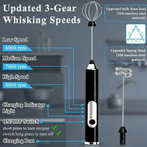 Electric Whisk Milk Frother Handheld Drink Mixer, 3 Speeds Adjustable Maker for Coffee, Lattes, Matcha, Hot Chocolate Black Electric Whisk Milk Frother Handheld Drink Mixer, 3 Speeds Adjustable Maker for Coffee, Lattes, Matcha, Hot Chocolate Black