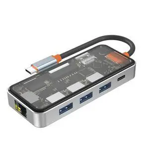USB Hub With RJ45 Gigabit Ethernet, 4K 2.0 Output, 100W PD Charging, Dual Micro/SD Card Reader- Clear Design USB Hub With RJ45 Gigabit Ethernet, 4K 2.0 Output, 100W PD Charging, Dual Micro/SD Card Reader- Clear Design