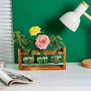 Glass Plant Terrarium 3 Bulbs Propagation Station with Wood Stand Indoor Garden Planter, Hydroponic Vase & Desktop Decor Glass Plant Terrarium 3 Bulbs Propagation Station with Wood Stand Indoor Garden Planter, Hydroponic Vase & Desktop Decor