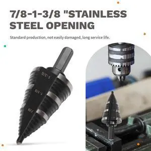 High-Speed Steel Inch Step Drill, 3/8" Hexagonal Shank Nitrided Pagoda Drill, 7/8-1-3/8" Stainless Steel Hole Opening High-Speed Steel Inch Step Drill, 3/8" Hexagonal Shank Nitrided Pagoda Drill, 7/8-1-3/8" Stainless Steel Hole Opening