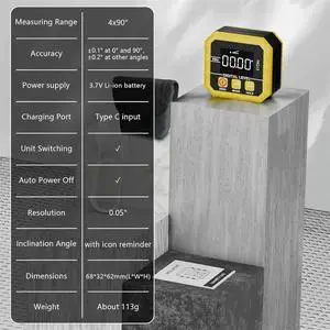 Rechargeable Digital Angle Finder and Magnetic Inclinometer Gauge ±0.1° Accuracy Protractor 360° Flip Screen Rechargeable Digital Angle Finder and Magnetic Inclinometer Gauge ±0.1° Accuracy Protractor 360° Flip Screen