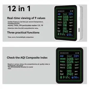 12 in 1 Air Tester Temperature/Humidity /Time/CO/CO2/Curve/TVOC/AQI/PM2.5/PM10/Formaldehyde with Bracket White 12 in 1 Air Tester Temperature/Humidity /Time/CO/CO2/Curve/TVOC/AQI/PM2.5/PM10/Formaldehyde with Bracket White