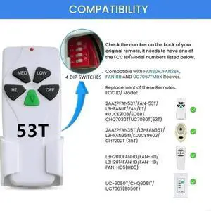 Ceiling Fan Remote Replacement for 2AAZPFAN53T/FAN-/L3HFANIIT/1IT/KUJCE9103/EO8BT/CHQ7030T/UC7030T Accessories Ceiling Fan Remote Replacement for 2AAZPFAN53T/FAN-/L3HFANIIT/1IT/KUJCE9103/EO8BT/CHQ7030T/UC7030T Accessories