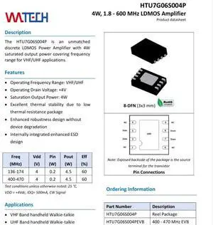 HTU7G06S004P HTU7G06S004 DFN 4W 1.8- 600 MHz LDMOS Amplifier LDMOS Power Amplifier VHF/UHF applications HTU7G06S004P HTU7G06S004 DFN 4W 1.8- 600 MHz LDMOS Amplifier LDMOS Power Amplifier VHF/UHF applications