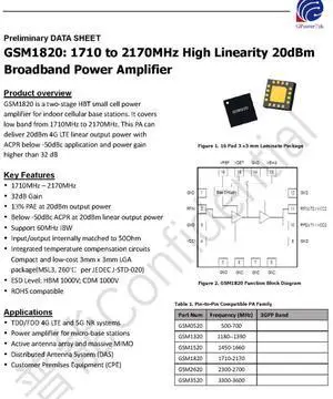 GSM1820 20dBm 1.71-2.17G GaAs High-Linearity RF Amplifier GSM1820 20dBm 1.71-2.17G GaAs High-Linearity RF Amplifier