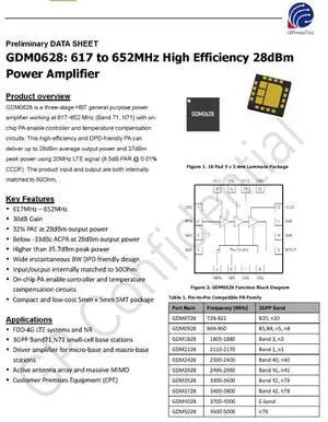 GDM0628 28dBm 617-652MHz GaAs High-Efficiency RF Amplifier GDM0628 28dBm 617-652MHz GaAs High-Efficiency RF Amplifier