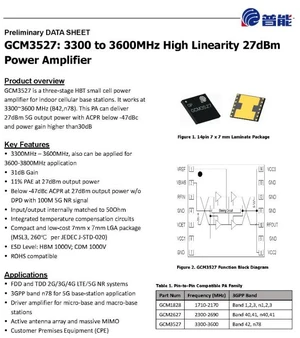 GCM3527 27dBm 3.3-3.6G GaAs High-Linearity RF Amplifier GCM3527 27dBm 3.3-3.6G GaAs High-Linearity RF Amplifier